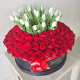 Red Roses and white Tulips - Large Round Box