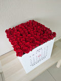 100 Red Roses in a large white square box - Calendar