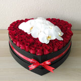 100 Red Roses in A Heart Shaped Box with Orchid on top