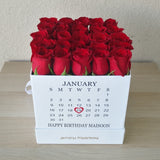 Red roses in a white box with calendar ( Personalized )