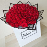 100 Red Roses Bouquet a large white square box