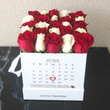 Red and white roses in a white box with calendar ( Personalized )