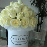 Deluxe White Round Box & White Roses