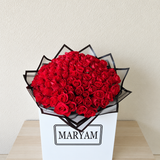 100 Red Roses Bouquet a large white square box