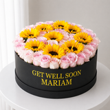 Sunflower and Pink Roses - Round Box - Large - Get well