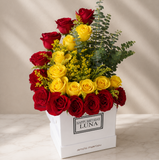 White Box - Yellow and Red Roses arrangement