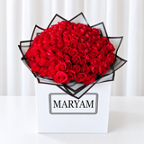 100 Red Roses Bouquet a large white square box
