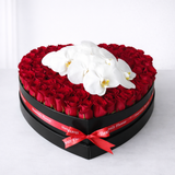 100 Red Roses Heart Box with White Orchids