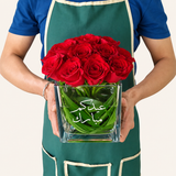 Red Roses in a glass Cube vase