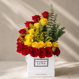 White Box - Yellow and Red Roses arrangement