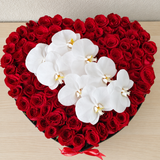 100 Red Roses Heart Box with White Orchids