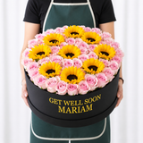 Sunflower and Pink Roses - Round Box - Large - Get well