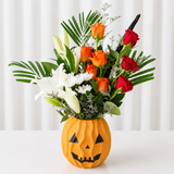 arrangement of red & orange roses in a vase - Halloween