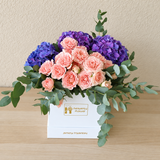 purple hydrangea and pink flowers - White box