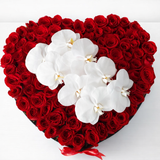 100 Red Roses Heart Box with White Orchids