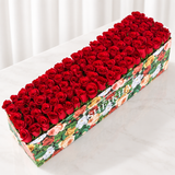 100 Red Roses in A long Colorful box
