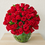 100 Red roses in a fish bowl vase - Dome shape