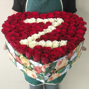 100 Red Roses in A Heart Shaped Colorful Box with letter