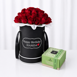 Red Roses in Black Round Box with Patchi Chocolate