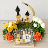 Ramadan flowers wooden tray with chocolate