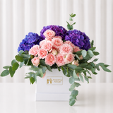 purple hydrangea and pink flowers - White box
