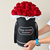 Red Roses in Black Round Box with Patchi Chocolate