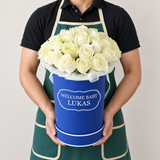 Blue Round Box & white Roses