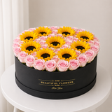 Sunflower and Pink Roses - Round Box - Large