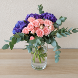 purple hydrangea and pink flowers - Glass Vase