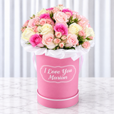 Assorted Flowers in a personalized Pink Round Box