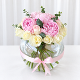 Peonies and roses in a fish bowl Vase - Peony