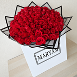 100 Red Roses Bouquet a large white square box