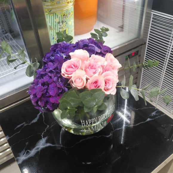 Assorted Color flowers in a fish bowl Vase - Pink and White