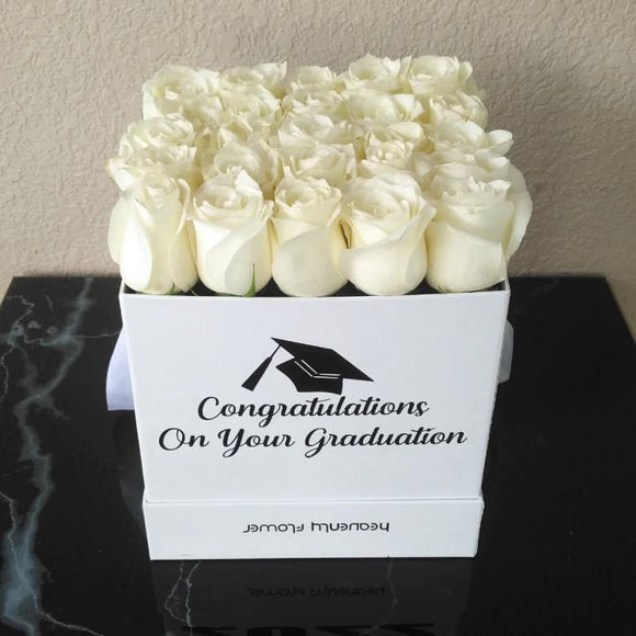 White Roses in white box - Graduation flowers