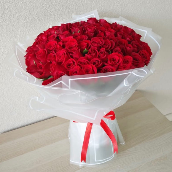 100 Red Roses Bouquet - White Wrapping