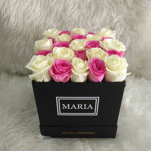 Personalized Pink and White Roses in a Black Box