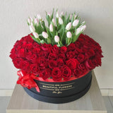 Red Roses and white Tulips - Large Round Box