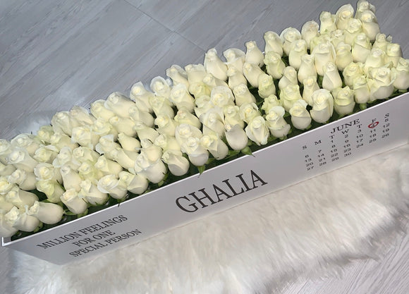 100 white Roses in A long box - white box