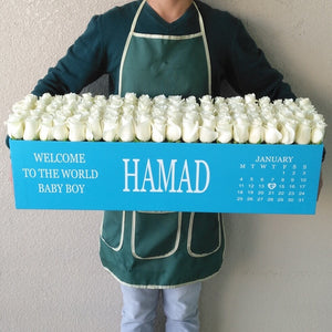 100 white Roses in A long box - Blue Box - Calendar