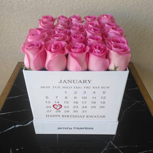 Pink roses in a white box with calendar ( Personalized )