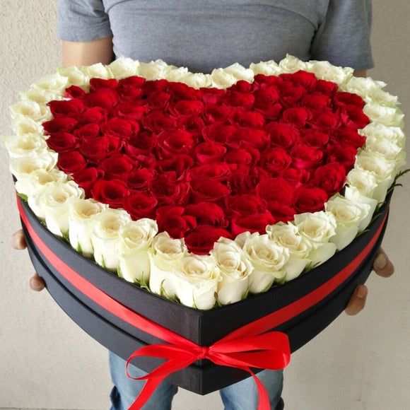 Red roses with white roses border in a heart shaped box ( 100 roses )