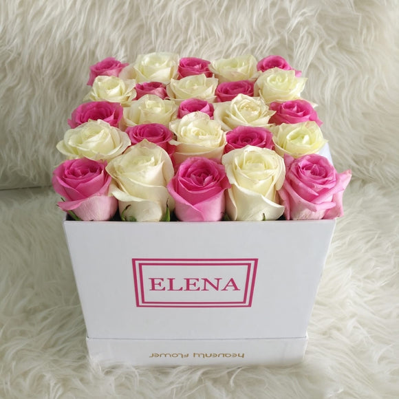 Personalized Pink and White Roses in A White Box