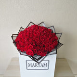 100 Red Roses Bouquet a large white square box