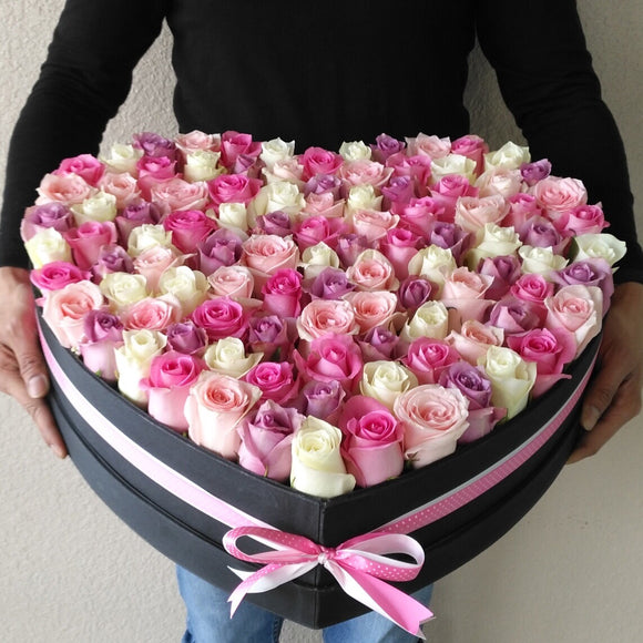 100 assorted roses in a heart shaped box ( 100 roses )