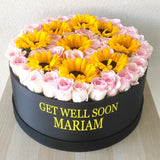 Sunflower and Pink Roses - Round Box - Large - Get well