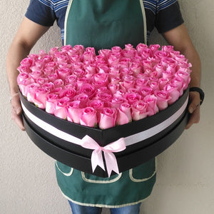 100 Pink Roses in a Heart shaped box
