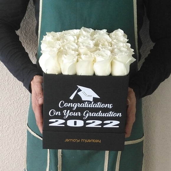 White Roses in black box - Graduation flowers