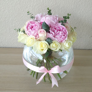 Peonies and roses in a fish bowl Vase - Peony