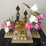 Ramadan flowers arrangement with chocolate + pink and white