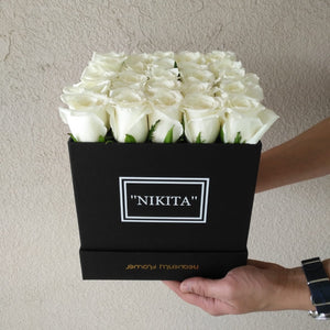 Personalized Black Roses Box - White Roses in A Box
